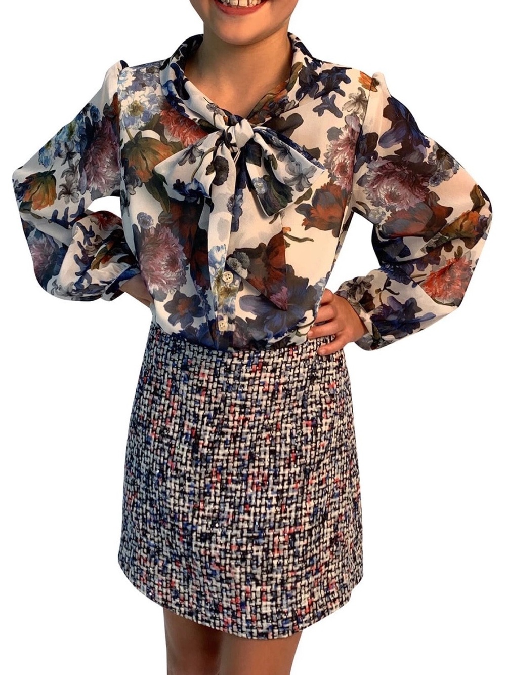 Helena /girls/ Floral Bow-Tie Blouse & Tweed Mini Skirt - White, Navy, Rust.